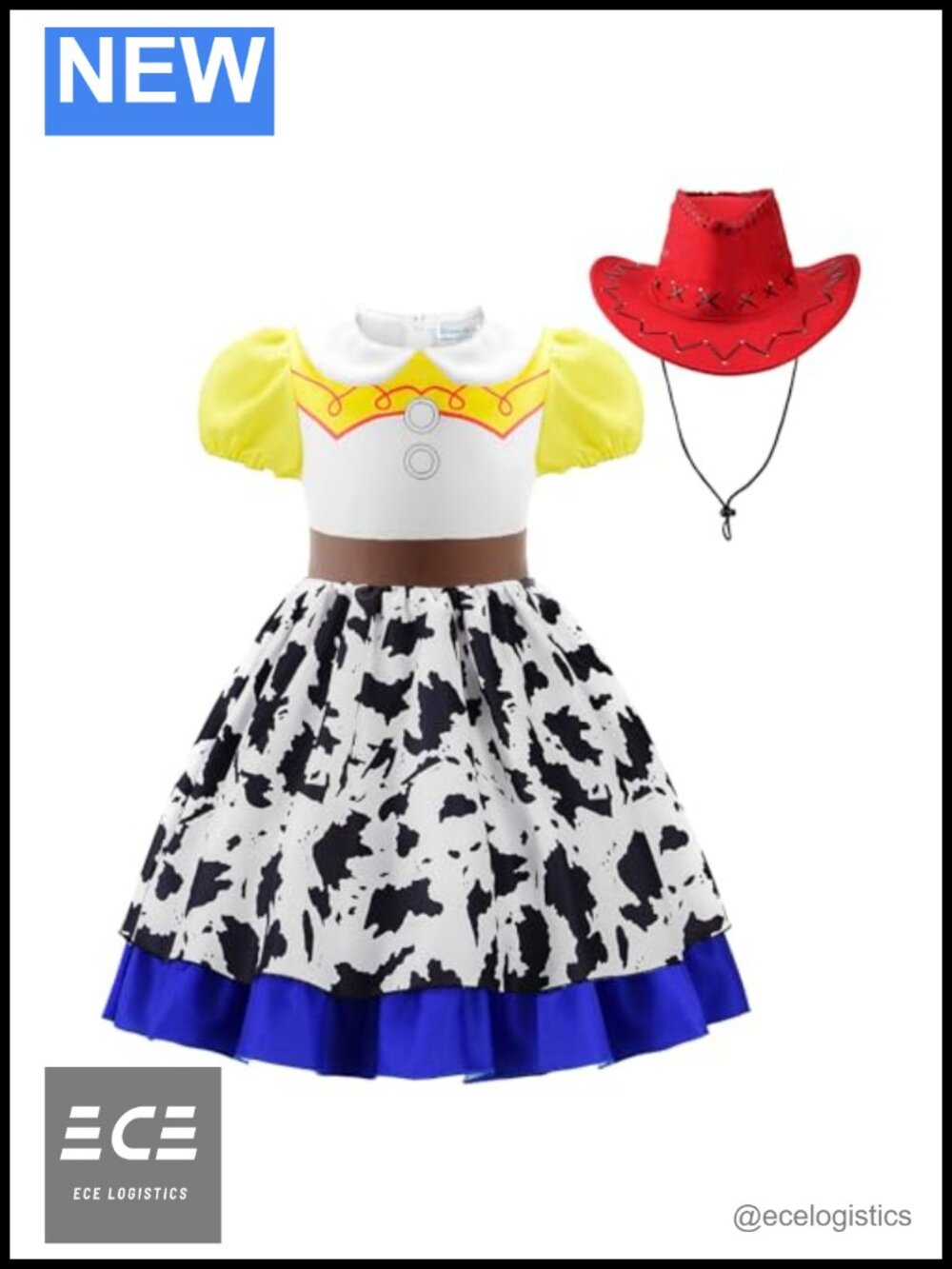 Girls Cowgirl Costume Dress with Hat Puff Sleeve Party Dress Up Outfit